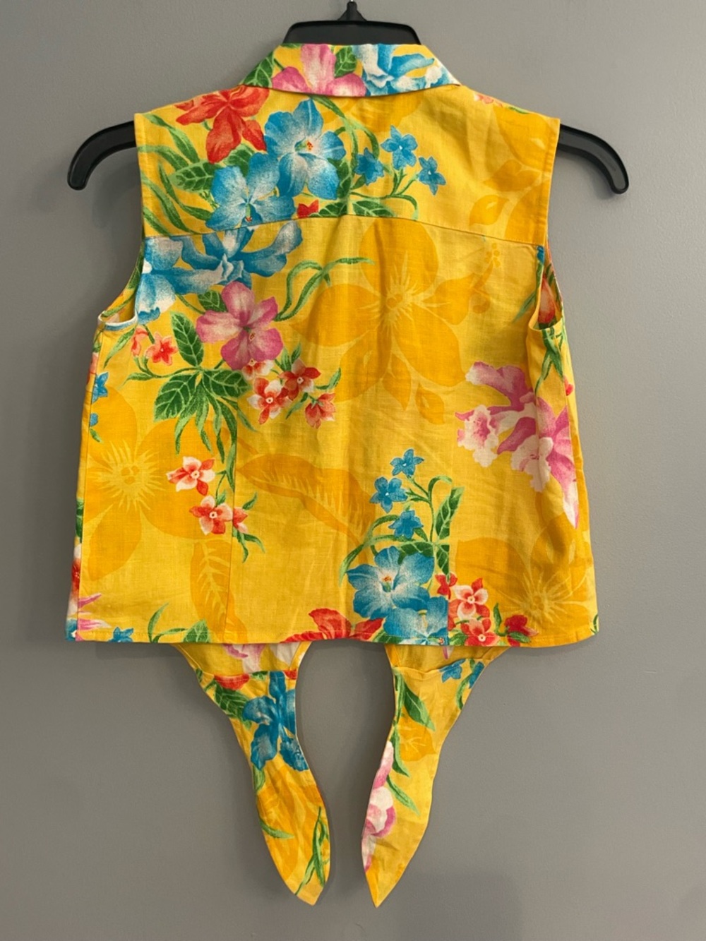Y2K Lauren Ralph Lauren Linen Yellow Floral Tie-Front Sleeveless Button-Up Top - Picture 6 of 9